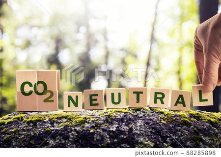 CO2 carbon neutral emission stamp and stamping hand. cubes in the forest on natural stone. climate change, green fuel and earth protect concept. 88285898