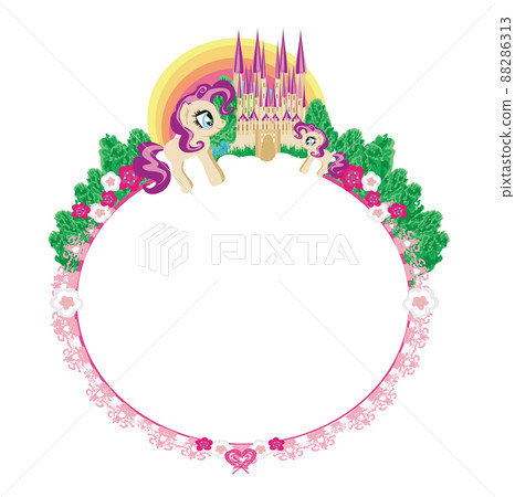 Card with a cute unicorns, rainbow and flowery meadow Card with a cute unicorns, rainbow and flowery meadow 88286313