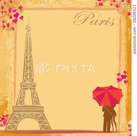 romantic couple of Tourists in Paris, abstract vintage card 88286321