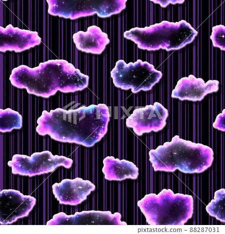 An illustration of abstract clouds with stars on a background of purple rain. Seamless texture imitating fabric. An illustration of abstract clouds with stars on a background of purple rain. Seamless texture imitating fabric. 88287031