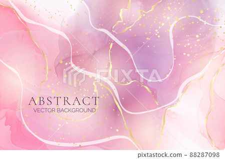 Royal violet, crimson and grey liquid watercolor background with golden brushstrokes. Elegant rose fluid marble alcohol ink drawing effect with gold lines. Vector illustration for wedding invitation 88287098