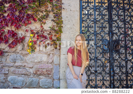 Woman tourist on background of beautiful view of the island of St. Stephen, Sveti Stefan on the Budva Riviera, Budva, Montenegro. Travel to Montenegro concept Woman tourist on background of beautiful view of the island of St. Stephen, Sveti Stefan on the Budva Riviera, Budva, Montenegro. Travel to Montenegro concept 88288222