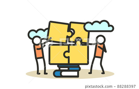 Puzzle teamwork man and woman business partnership communication. People work with books vector concept illustration. Together create piece jigsaw solution. Cooperation office human idea. Planning job 88288397