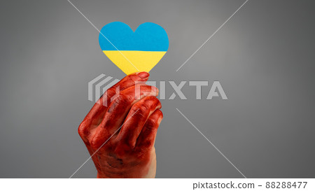 Woman with hands covered in blood holding a heart with the flag of ukraine on a white background.  88288477