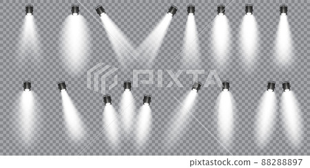 Illuminated studio spotlights collection. Bright light beam. Transparent realistic effect. Stage 88288897