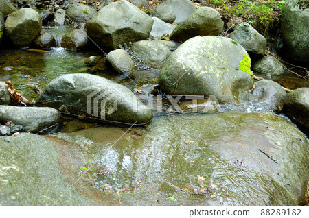 Long exposure view of a hidden river in Crimea, Ukraine. A stone set against a blurred water pattern is ideal for background use. 88289182