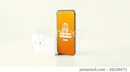 Mobile banking. Smartphone with internet online bank application. Debit card on white background. Save money business concept. Mobile banking. Smartphone with internet online bank application. Debit card on white background. Save money business concept. 88289473