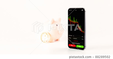 Bitcoin trading. Exchange bitcoin mobile phone app. Gold crypto currency BTC bitcoin, pink pig bank on white background. Saving money and financial concept bank. Bitcoin trading. Exchange bitcoin mobile phone app. Gold crypto currency BTC bitcoin, pink pig bank on white background. Saving money and financial concept bank. 88289502