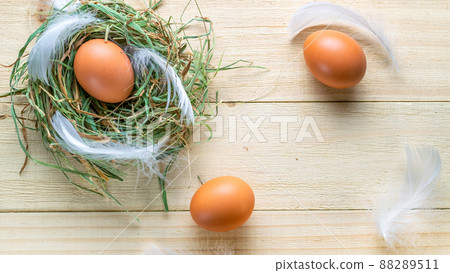 Easter natural colour eggs in basket with spring tulips, white feathers on wooden table background in Happy Easter decoration. Festive decoration in flat lay. Easter natural colour eggs in basket with spring tulips, white feathers on wooden table background in Happy Easter decoration. Festive decoration in flat lay. 88289511