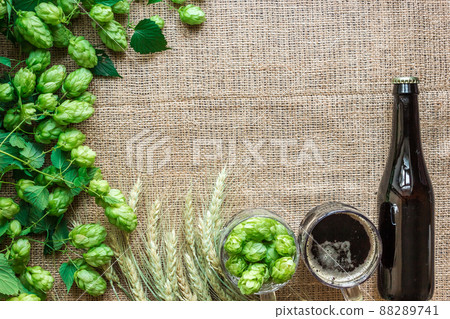 Bottle and Glass beer with Brewing ingredients. Hop flower with wheat. Top view. 88289741