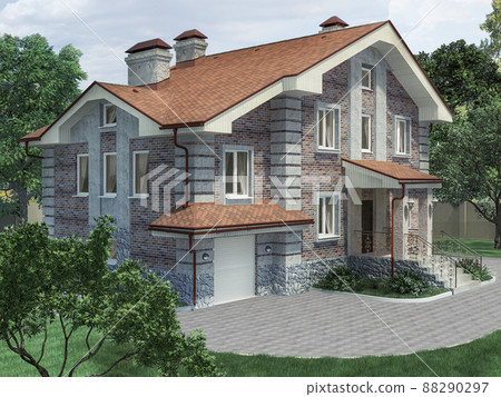 3d render of an architectural project of a country house in the forest 3d render of an architectural project of a country house in the forest 88290297