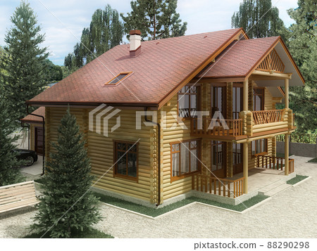 3d render of an architectural project of a wooden house from a log house in the forest. 3d render of an architectural project of a wooden house from a log house in the forest. 88290298