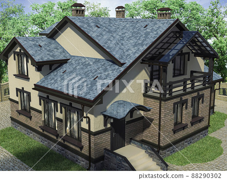 3d illustration of the concept of the architectural project of a private house. 3d render of a two-storey house 88290302