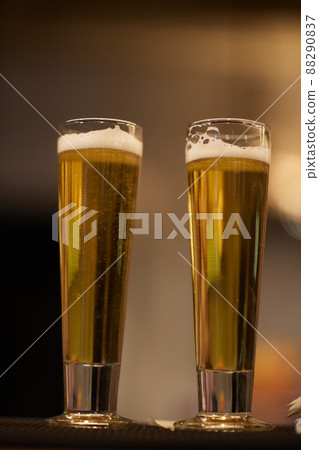 craft beer glasses on bar at microbrewery - nighlife concept. craft beer glasses on bar at microbrewery - nighlife concept. 88290837