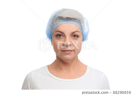 Mature woman with double chin on white background 88290859