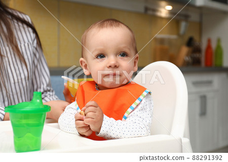 Young mother feeding her little baby at home Young mother feeding her little baby at home 88291392