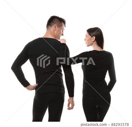 Couple wearing thermal underwear isolated on white, back view Couple wearing thermal underwear isolated on white, back view 88291578