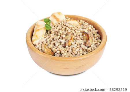 Tasty buckwheat porridge with meat isolated on white 88292219