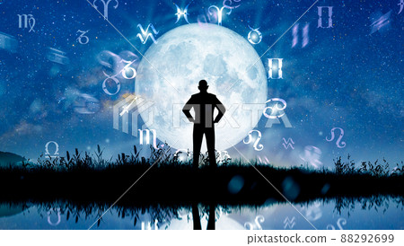 Astrological zodiac signs inside of horoscope circle. Illustration of Man silhouette consulting the stars and moon over the zodiac wheel and milky way background. The power of the universe concept. 88292699