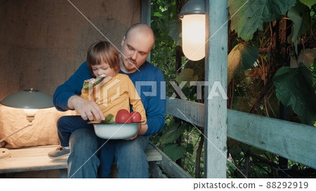 Father and small child eat fresh, organic vegetables from a farm sitting on porch of a country farm. The concept of healthy bio organic food and natural products without pistecides and nitrates Father and small child eat fresh, organic vegetables from a farm sitting on porch of a country farm. The concept of healthy bio organic food and natural products without pistecides and nitrates 88292919