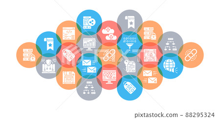 SEO flat vector illustration. Bookmark, Hosting, Hyperlink, Advertisement, Data Transfer concept for banner, website design or landing web page. 88295324