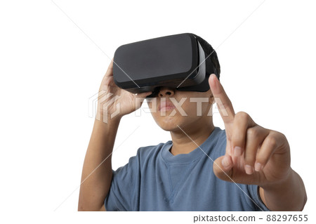 Studio portrait man wearing VR Headset isolated on white background. Studio portrait man wearing VR Headset isolated on white background. 88297655