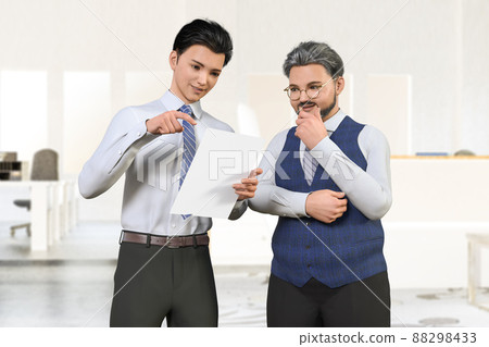 A fat boss wearing glasses with a beard and a young male employee have a meeting while looking at the proposal A fat boss wearing glasses with a beard and a young male employee have a meeting while looking at the proposal 88298433
