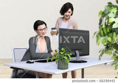 Two smiling business women checking the presentation materials on the desktop screen Two smiling business women checking the presentation materials on the desktop screen 88298442