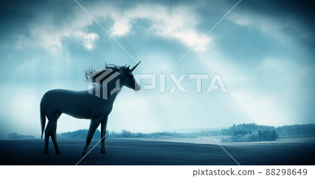 Believe the unbelievable. Shot of a beautiful unicorn against against a dramatic landscape. 88298649