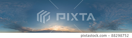 Dark blue sunset sky pano with Cirrus clouds. Seamless hdr panorama in spherical equirectangular format. Complete zenith for 3D visualization, game and sky replacement for aerial drone 360 panoramas. Dark blue sunset sky pano with Cirrus clouds. Seamless hdr panorama in spherical equirectangular format. Complete zenith for 3D visualization, game and sky replacement for aerial drone 360 panoramas. 88298752