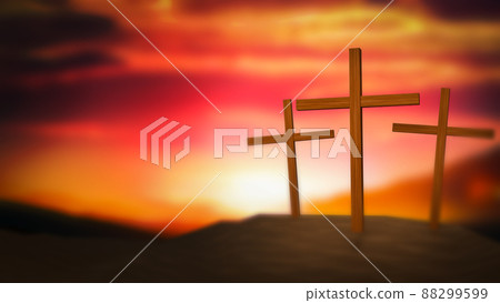 Silhouette cross on Calvary mountain sunset Easter concept 3d rendering Silhouette cross on Calvary mountain sunset Easter concept 3d rendering 88299599