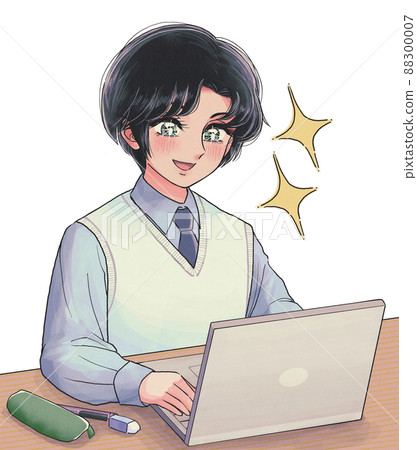 Retro girl cartoon style student enjoying editing on a laptop Retro girl cartoon style student enjoying editing on a laptop 88300007