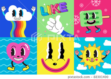 Hand drawn flat trendy cartoon set, Old school, cartoonish, character, animation 88301400