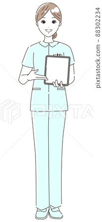 Illustration material (whole body) of a nurse (medical worker) explaining with a tablet 88302234