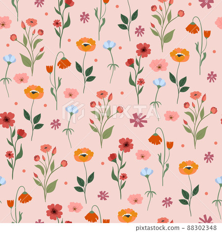 Seamless flower pattern. Bright floral background with blossoms and blooms print. Colored flat vector illustration for textile. Repeating texture design 88302348