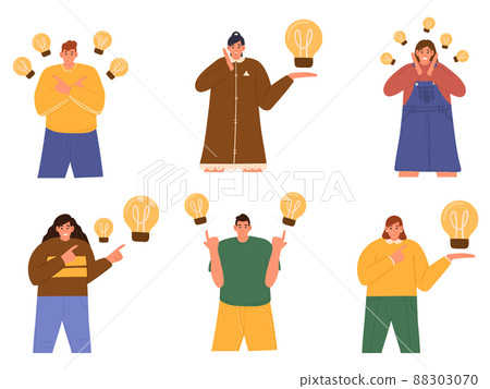 Set with creative male and female characters with light bulbs on white background. Creative woman and people group, business development or start up. Colleagues support, share metaphor vector concept 88303070