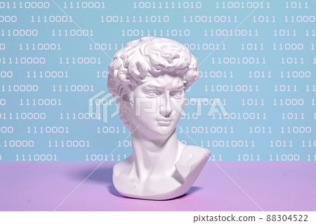 Statue of a bust of Roman David and cryptocurrency NFT and coding