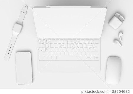 Aluminum laptop with mouse, smartwatch, phone and headphones on white 88304685