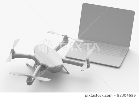 Top view of workspace and photography gear like laptop and drone on white Top view of workspace and photography gear like laptop and drone on white 88304689