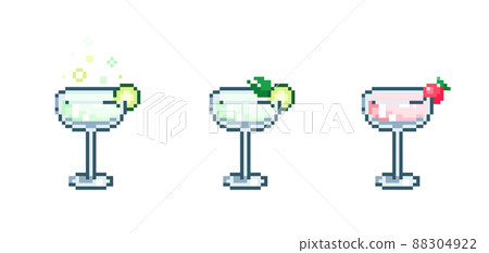 Set of Pixel art margarita cocktail. Retro 90s gaming 8 bit icon of pixel mosaic glass of margarita cocktail drink. Vector pixel classic party beverage for game and stickers. Set of Pixel art margarita cocktail. Retro 90s gaming 8 bit icon of pixel mosaic glass of margarita cocktail drink. Vector pixel classic party beverage for game and stickers. 88304922