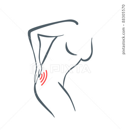 Body part pain. Woman feels pain in back marked with red lines. Vector foci of pain or trauma symbols, grey art line illustration Body part pain. Woman feels pain in back marked with red lines. Vector foci of pain or trauma symbols, grey art line illustration 88305570