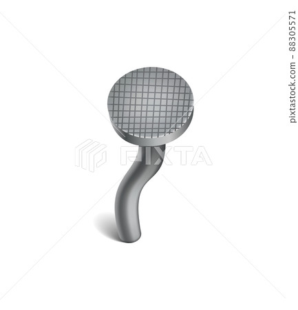Hammered nail on surface. Iron, steel or silver pin head. Bent metal spike or hobnail with cap in cartoon style. Vector top view grey hardware for home construction, isolated on white background Hammered nail on surface. Iron, steel or silver pin head. Bent metal spike or hobnail with cap in cartoon style. Vector top view grey hardware for home construction, isolated on white background 88305571