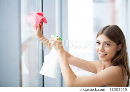 Young beautiful brunette woman cleaning window glass Young beautiful brunette woman cleaning window glass 88305919
