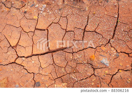 Crack soil ground texture. The natural texture of soil with cracks. Broken clay surface of barren dryland wasteland closeup. Full frame to terrain with arid climate. The surface of the land is cracked 88306216