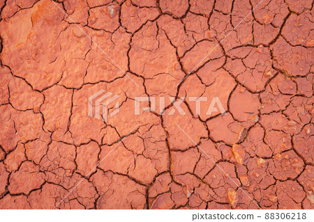 Full frame to terrain with arid climate. The surface of the land is cracked. Crack soil ground texture. The natural texture of soil with cracks. Broken clay surface of barren dryland wasteland closeup Full frame to terrain with arid climate. The surface of the land is cracked. Crack soil ground texture. The natural texture of soil with cracks. Broken clay surface of barren dryland wasteland closeup 88306218