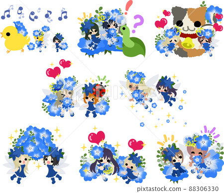 Illustrations of lovely little flower fairies and nemophila fairies in their daily lives Illustrations of lovely little flower fairies and nemophila fairies in their daily lives 88306330