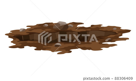 Hole ground. Entrance underground, big crack or ruin. Dirty, dark entrance, detailed drawing in cartoon style. Deep pit. Cartoon den of wild animal 88306409
