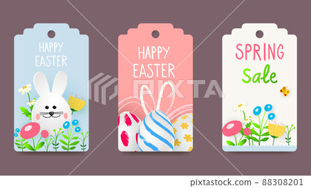 Easter tags, labels with cute bunny. Trendy Easter design with typography, hand drawn strokes, flowers and eggs, bunnies in pastel colors. Modern minimalist style. Vector illustration Easter tags, labels with cute bunny. Trendy Easter design with typography, hand drawn strokes, flowers and eggs, bunnies in pastel colors. Modern minimalist style. Vector illustration 88308201
