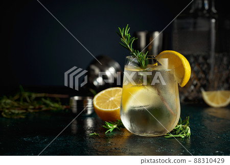 Cocktail gin tonic with natural ice, lemon, and rosemary. Cocktail gin tonic with natural ice, lemon, and rosemary. 88310429