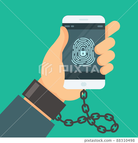 Internet addiction, hand chained with handcuff to smartphone, nomophobia concept, digital shadowing, social networks and media dependence, vector Internet addiction, hand chained with handcuff to smartphone, nomophobia concept, digital shadowing, social networks and media dependence, vector 88310498